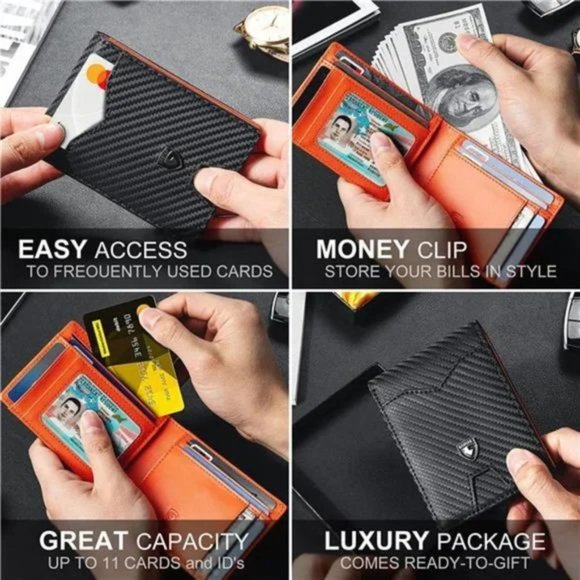 NEW MENS Slim Wallet for Men Carbon Black and Orange - Picture 3 of 7